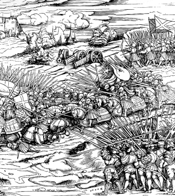 Schlacht zwischen Landsknechten Rittern und Bogenschützen